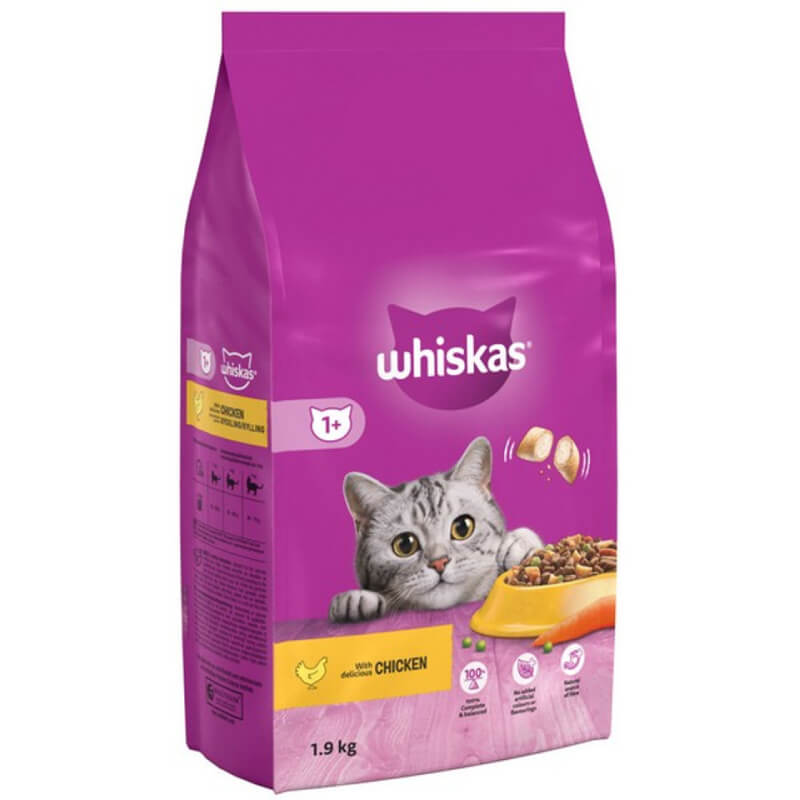 Whiskas 1+ Cat Complete Dry with Chicken 1.9kg in a purple bag featuring a gray cat.