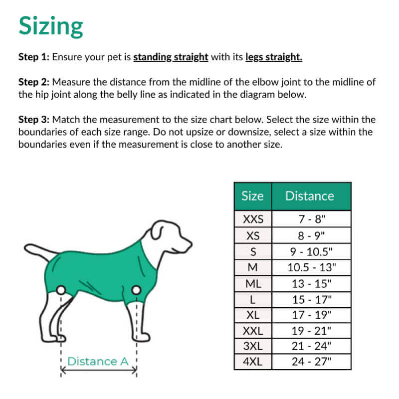 Diagram showing how to measure for VetMedWear Recovery Suit by VetMed, plus wound protection tips.