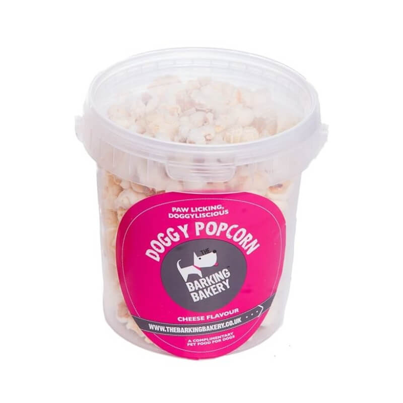 Barking Bakery Doggy Cheesy Popcorn Tub 55g—cheesy popcorn snack for dogs in a plastic tub.