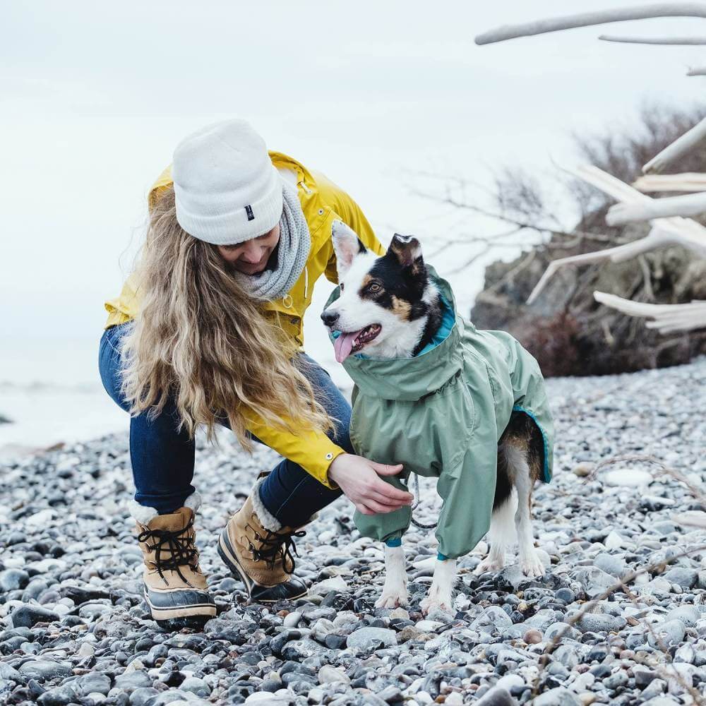 Woman in yellow jacket kneels by a dog in Hurtta Rain Blocker ECO Hedge on a rocky beach.