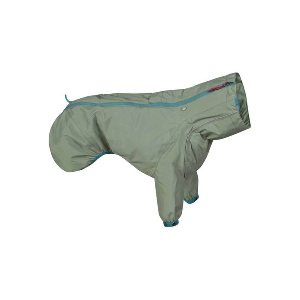 Hurtta Rain Blocker ECO Hedge: light gray waterproof dog coat covers legs, body & head.