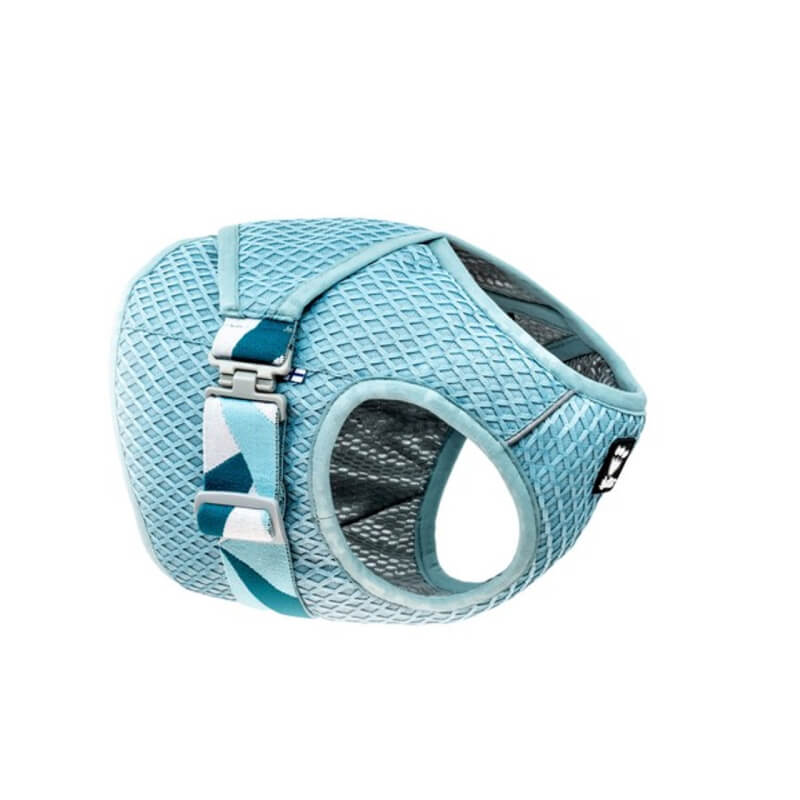 Hurtta Cooling Wrap Aquamarine: light blue mesh vest with adjustable strap for comfort and safety.