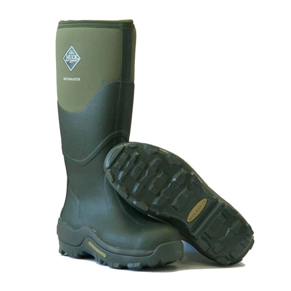 Muckboot Muck Boot Muckmaster Hi boots, one upright, one on its side, with rugged soles.