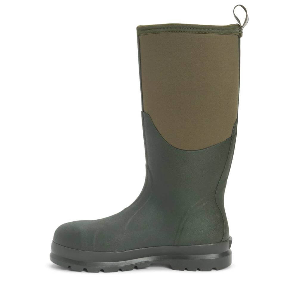 A green and brown Muckboot Chore Classic Steel Toe waterproof work boot with a thick sole, side view.