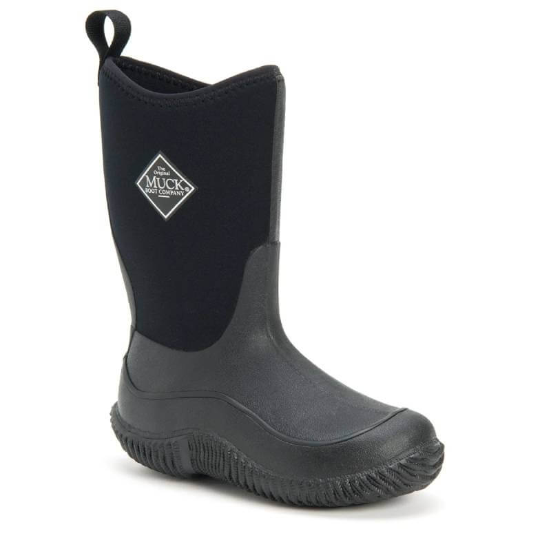 Muckboot Kids Hale Black wellies with neoprene lining, rugged sole, pull tab, and side logo.