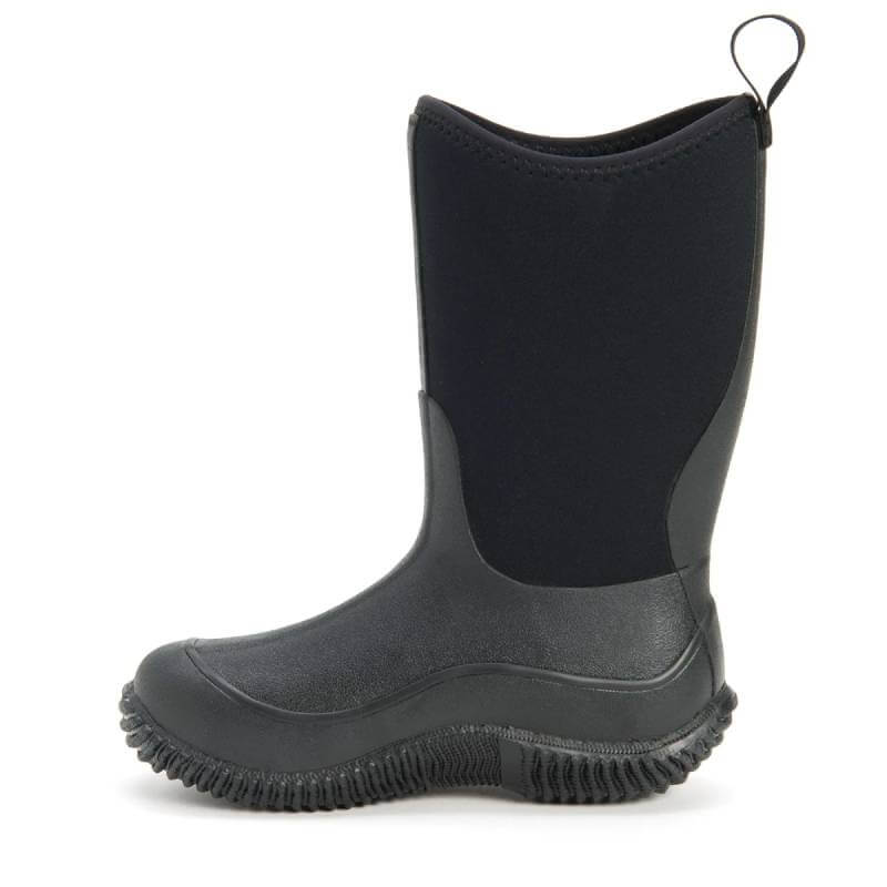 Muckboot Kids Hale Black wellies: waterproof, neoprene lined with textured sole, side view.