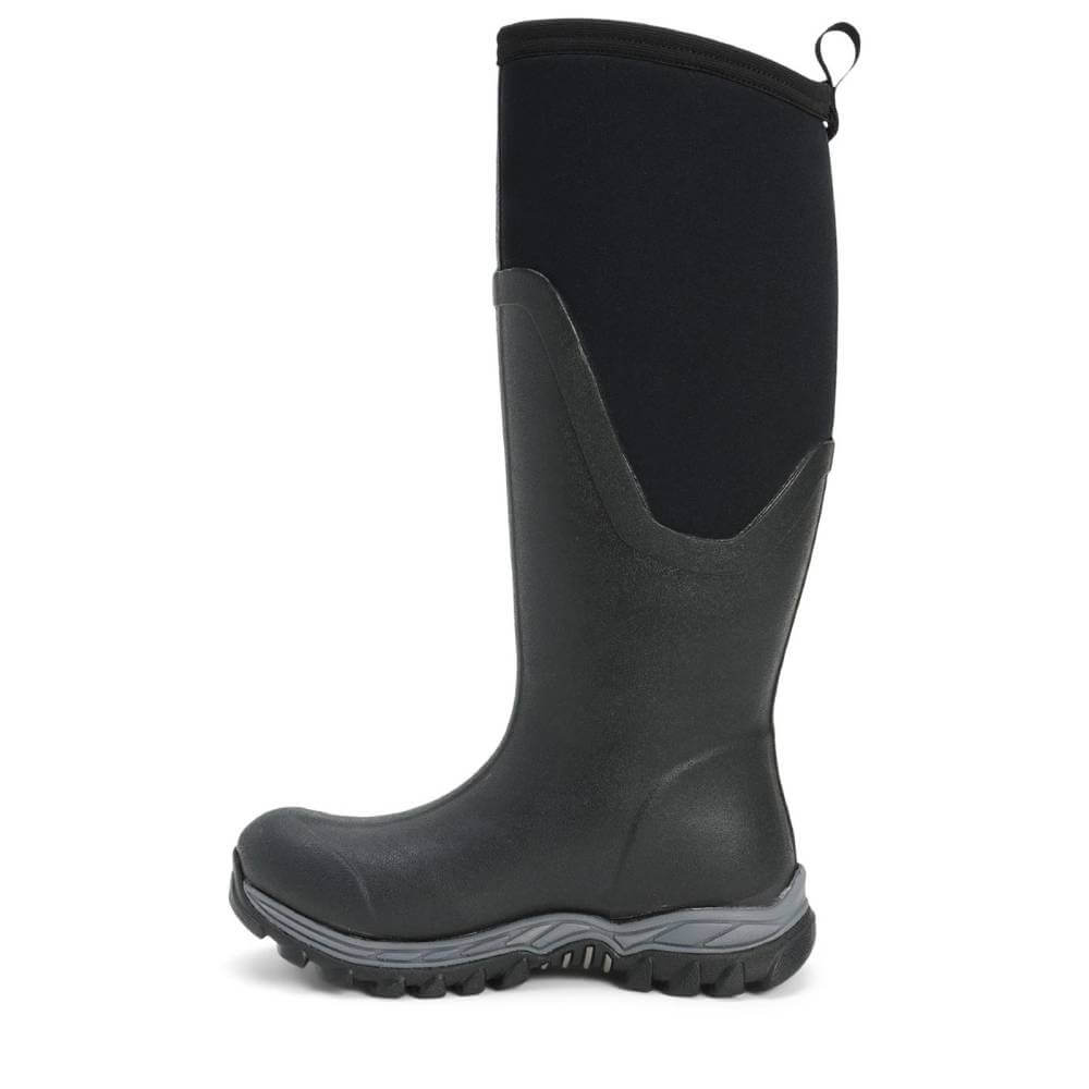 Muckboot Arctic Sport Tall II Black boots with rugged sole, side view on white background.