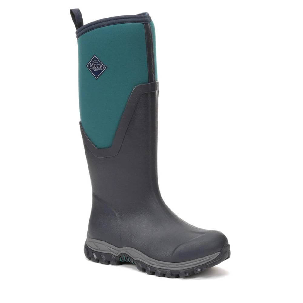 Muckboot Arctic Sport Tall II women's boot in navy/spruce with rugged sole on white background.