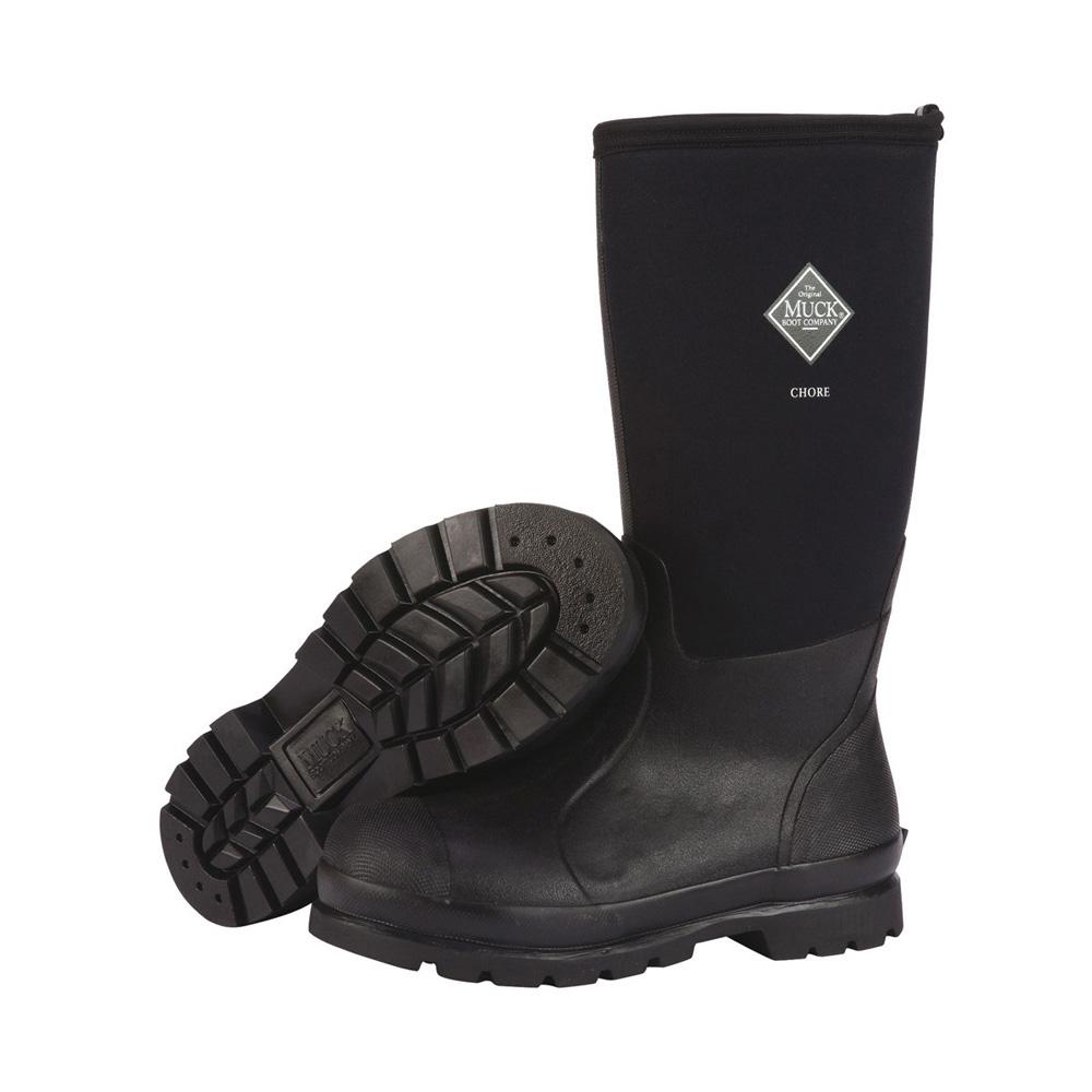 Muckboot Chore Classic Hi in green/black: one upright, one on its side.