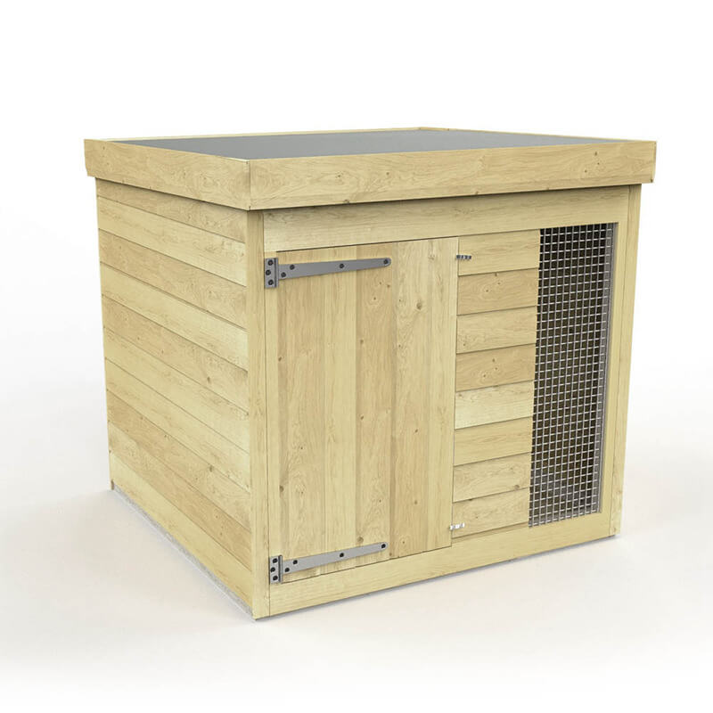 DIY Sheds Dog Kennel and Run 4ft with hinged door and metal mesh, ideal as an outdoor shelter.