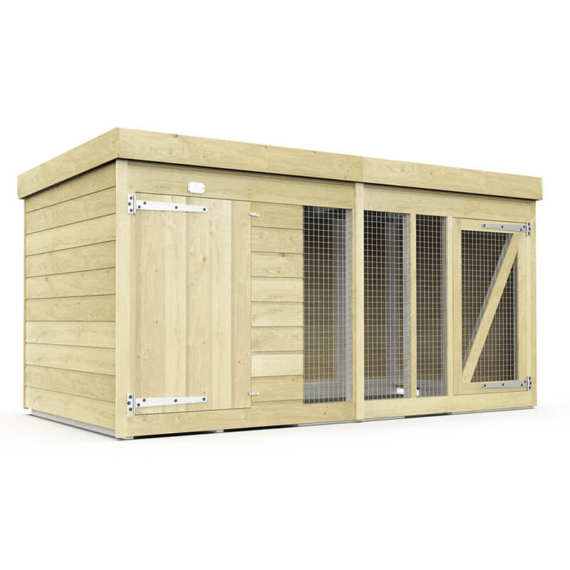 DIY Sheds Dog Kennel and Run 4ft with mesh wire doors, flat roof—perfect outdoor dog shelter.
