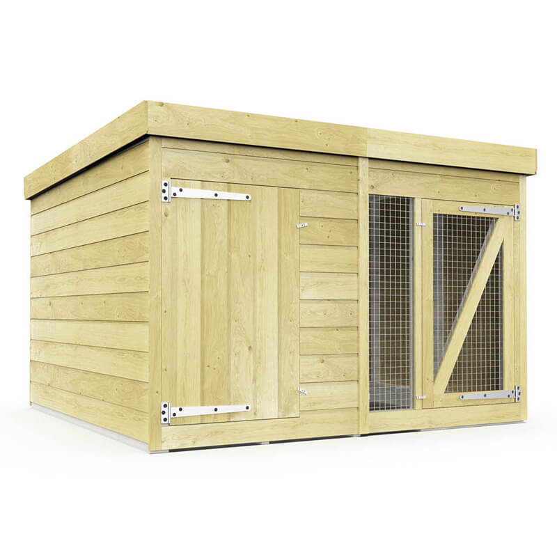 DIY Sheds Dog Kennel and Run 6ft—solid/mesh-wire doors, flat roof, ideal outdoor shelter.