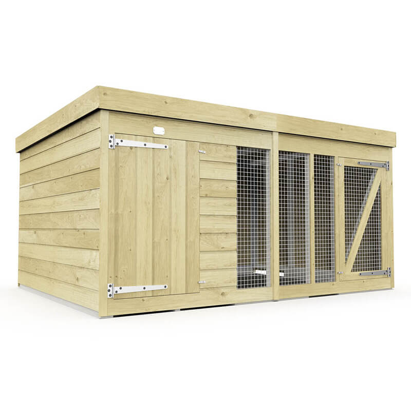 DIY Sheds Dog Kennel and Run 6ft—solid/mesh-wire doors, flat roof, ideal outdoor shelter.