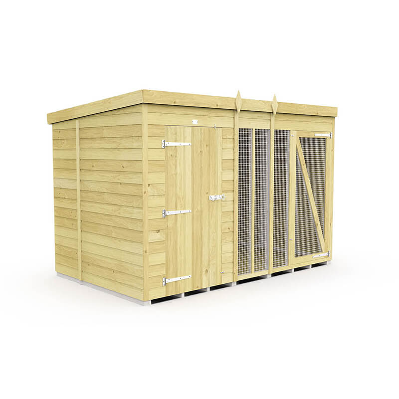 DIY Sheds Dog Kennel and Run Full Height with solid door and mesh, shown at an angle.