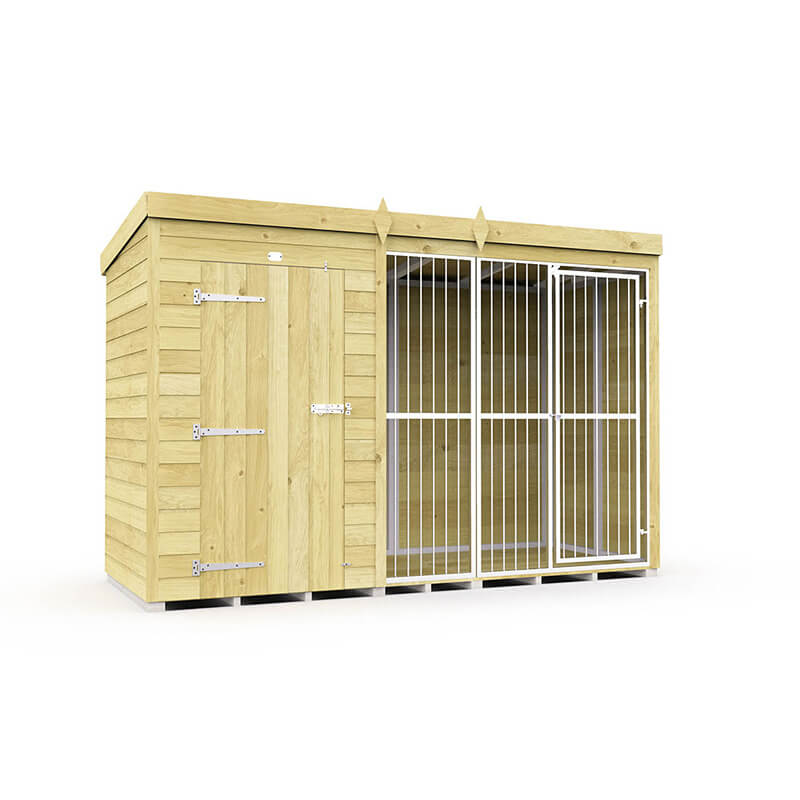 DIY Sheds Dog Kennel and Run Full Height with bars, features solid door and outdoor enclosure.