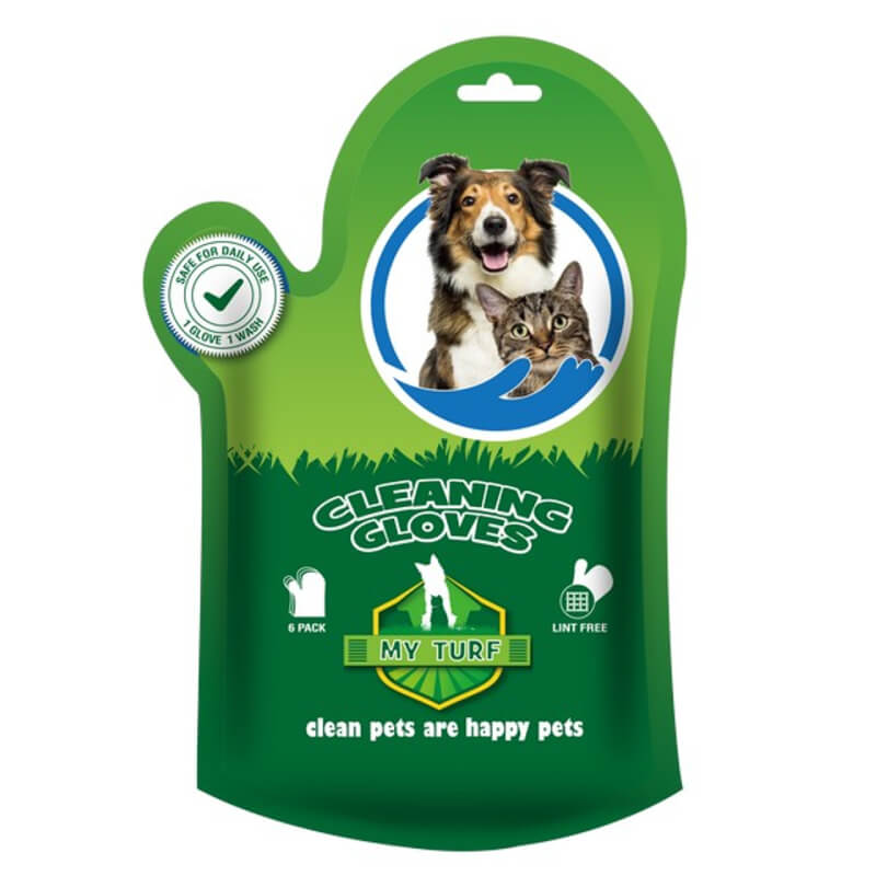 My Turf Pet Cleaning Gloves 6pk in green packaging with dog and cat on the front.
