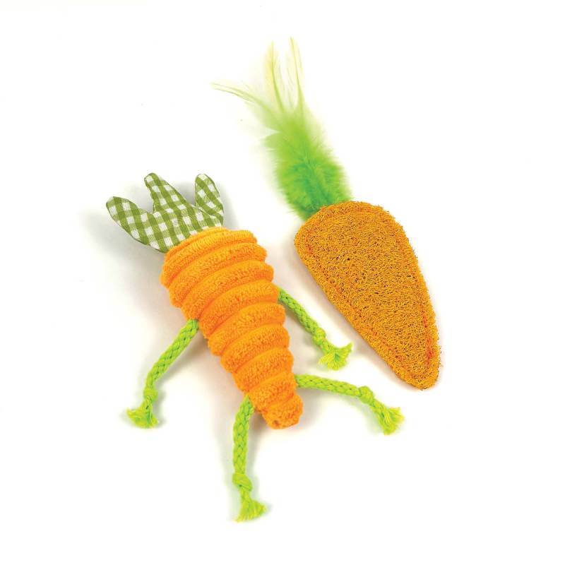 Tabby Patch Catnip Carrots 2pk: plush toys with green tops, one with fabric legs for cats.
