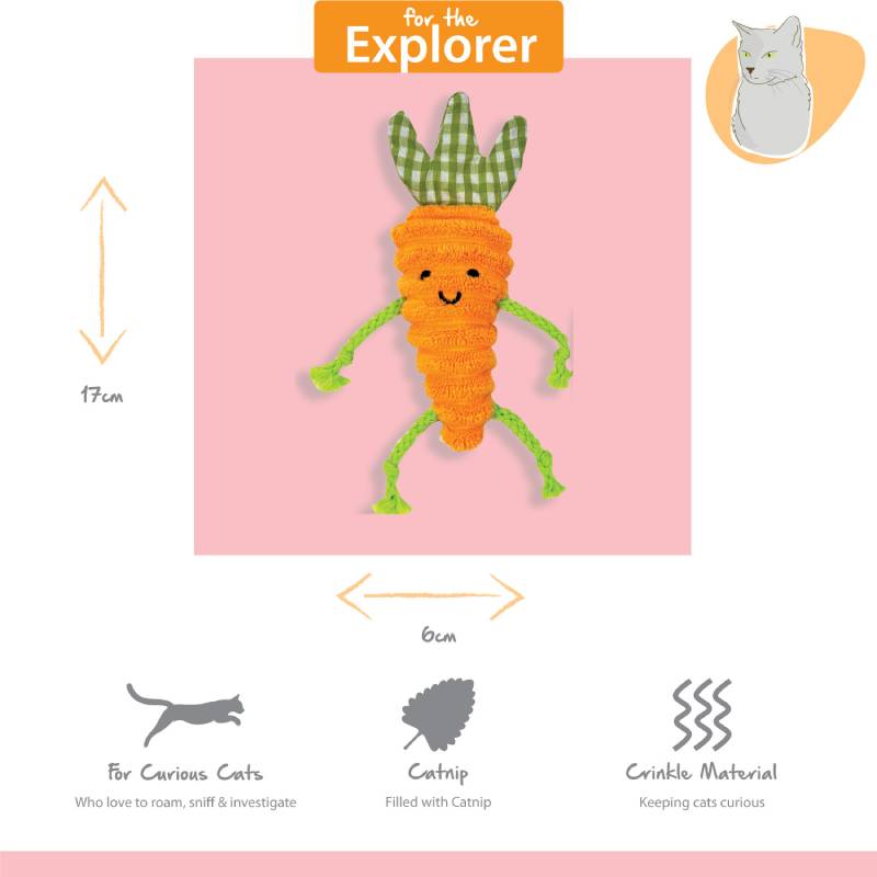 Tabby Patch Happy Pet Catnip Carrots 2pk, 17cm x 6cm, plush and catnip-filled for playful cats.