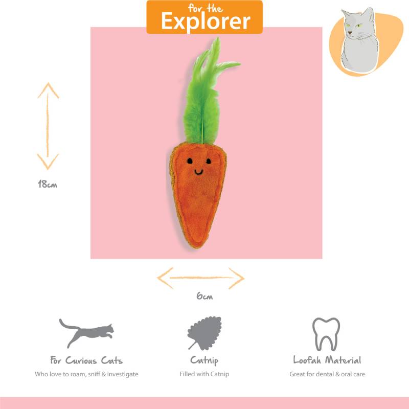 Tabby Patch Catnip Carrots 2pk, 18cm, plush toys filled with catnip for playful cats.
