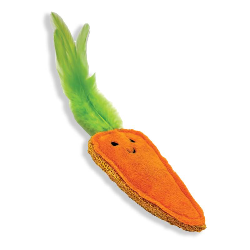 Tabby Patch Happy Pet Catnip Carrots 2pk: plush orange cat toys with green tops and smiles.