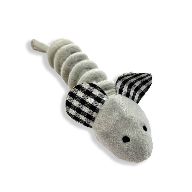 Tabby Patch Happy Pet Tabby Patch Mouse 2pk features soft, segmented gray bodies and checkered ears.