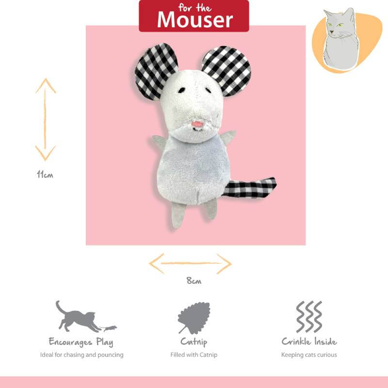 Tabby Patch Happy Pet Tabby Patch Mouse 2pk cat toys shown on a pink background.