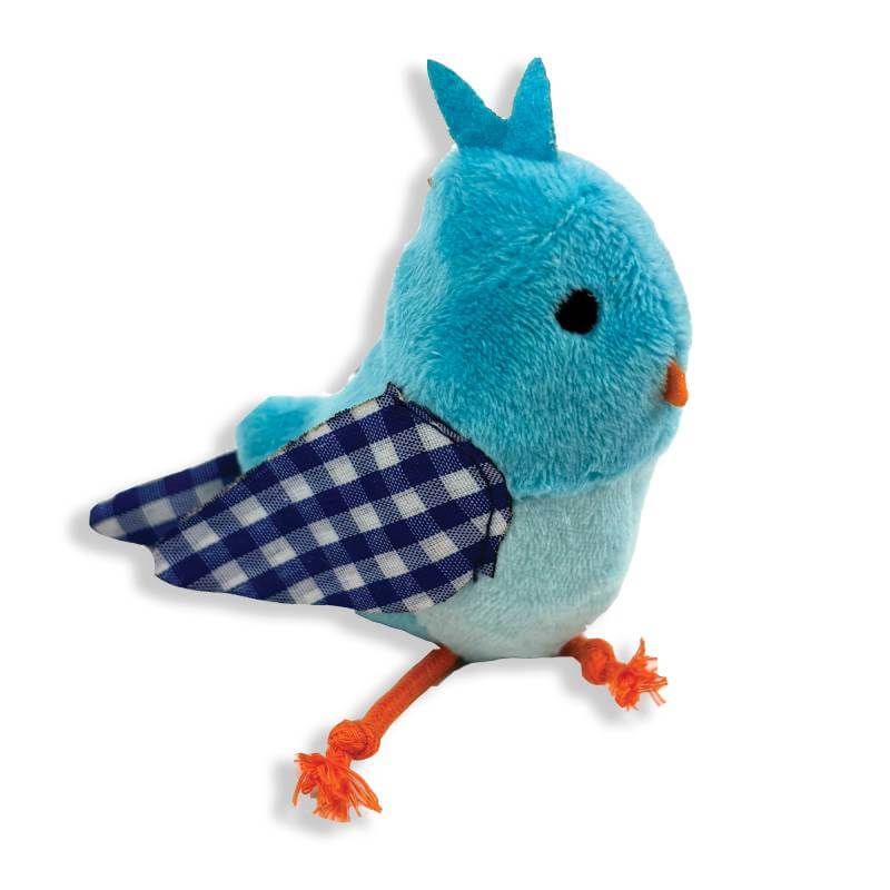 Tabby Patch Happy Pet Bluebird catnip toys, 2pk—blue plush bird with orange beak and feet.