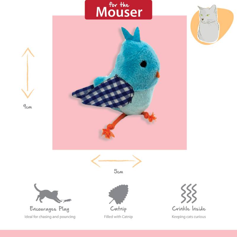 Happy Pet Tabby Patch Bluebird 2pk, plush cat toy, 9x5cm, checkered wings, orange feet.