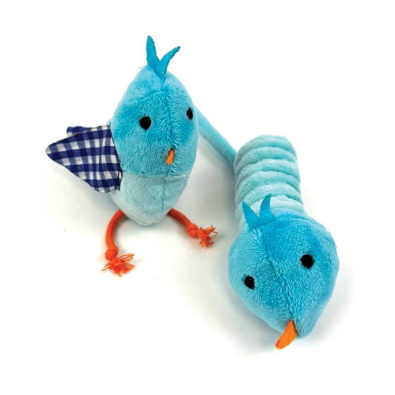 Tabby Patch Happy Pet Tabby Patch Bluebird 2pk: fun plush cat toys with orange beak and feet.