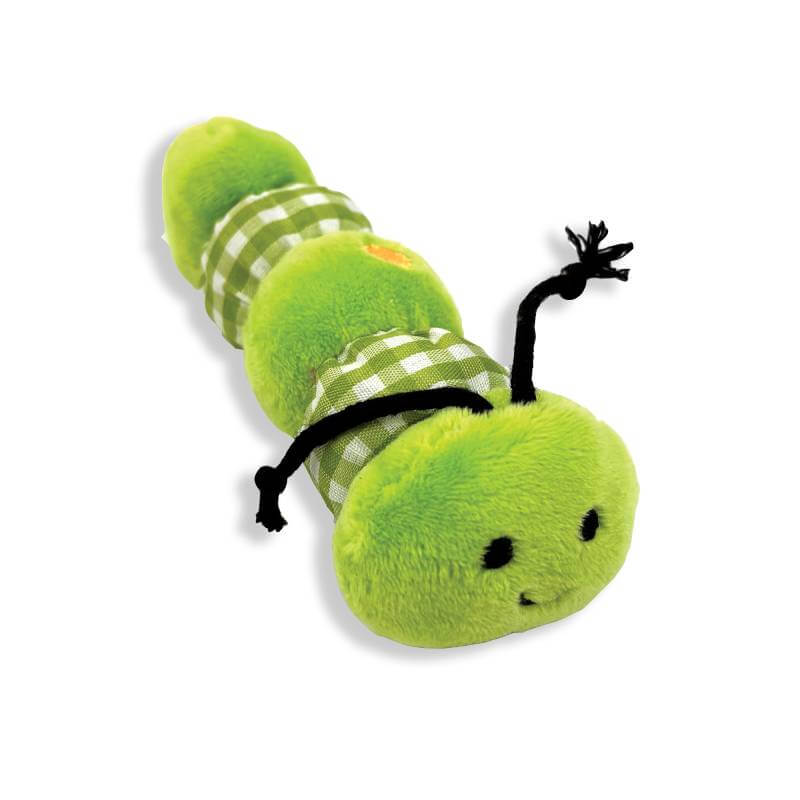 Tabby Patch Happy Pet Tabby Patch Caterpillar 2pk catnip toys with smiling faces and antennae.