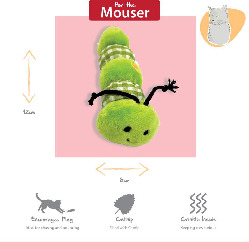 Tabby Patch Happy Pet Caterpillar 2pk: 12cm plush, pink, with fun prints and playful text.