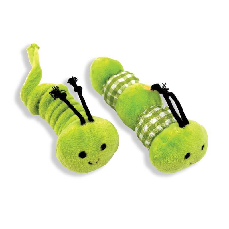 Tabby Patch Happy Pet Tabby Patch Caterpillar 2pk: two green plush cat toys with smiling faces.