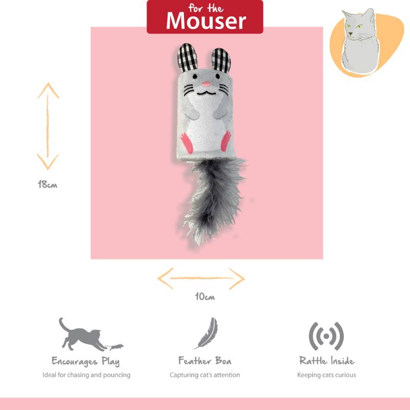 Tabby Patch Happy Pet Mouse Rattle & Roll Cat Toy, 18cm, feather tail & rattle inside.
