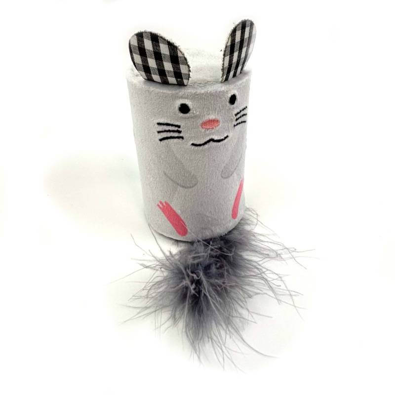 The Tabby Patch Happy Pet Mouse Rattle & Roll cat toy has plaid ears and a fluffy gray tail.
