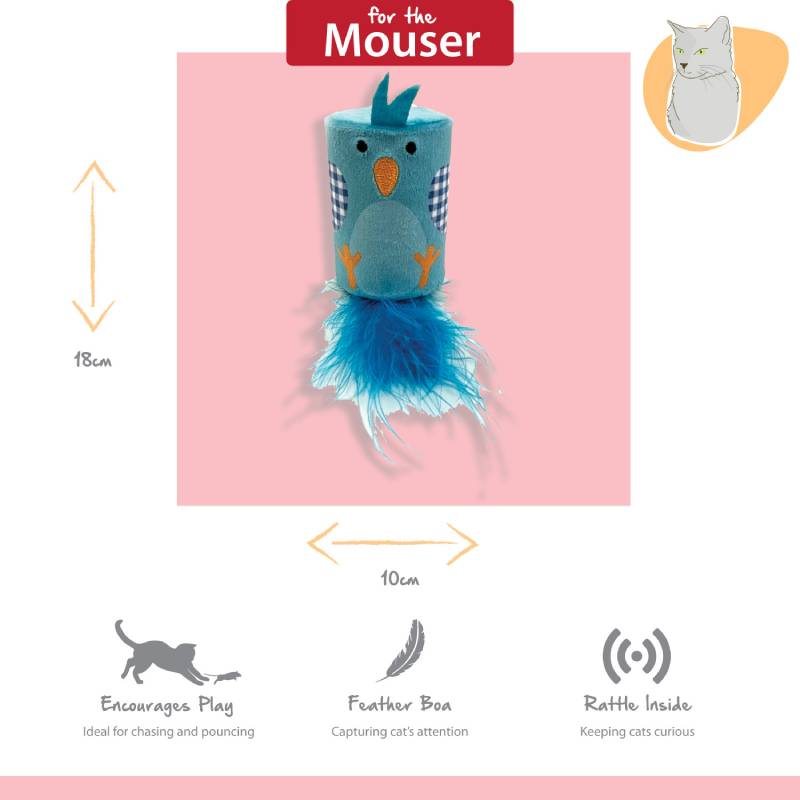 Tabby Patch Bluebird Rattle & Roll Cat Toy, 18cm, with feather tail for playful feline fun.