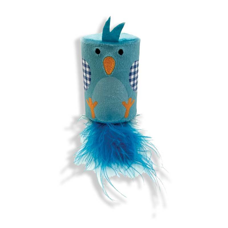 Tabby Patch Happy Pet Bluebird Rattle & Roll Cat Toy with orange beak, wings, and blue tail.