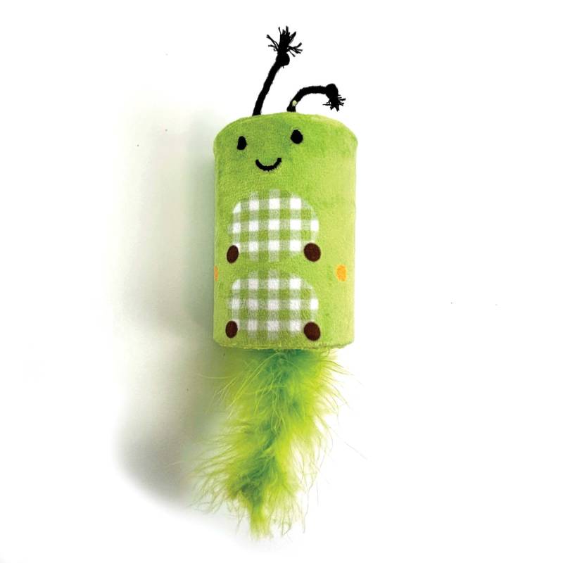 Tabby Patch Happy Pet Caterpillar Rattle & Roll Cat Toy with a smiling face and fluffy tail.