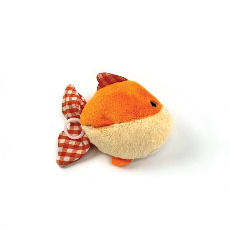 Tabby Patch Happy Pet Shaking Goldfish Cat Toy with orange plaid tail and premium catnip.