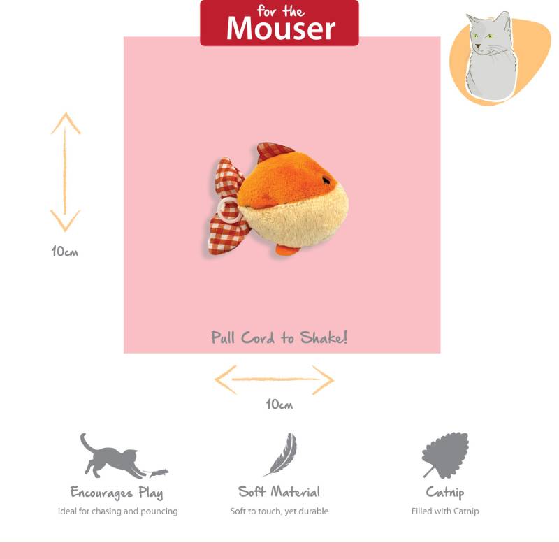 Tabby Patch Happy Pet Shaking Goldfish Cat Toy, 10cm, with pull-cord shaker and catnip.