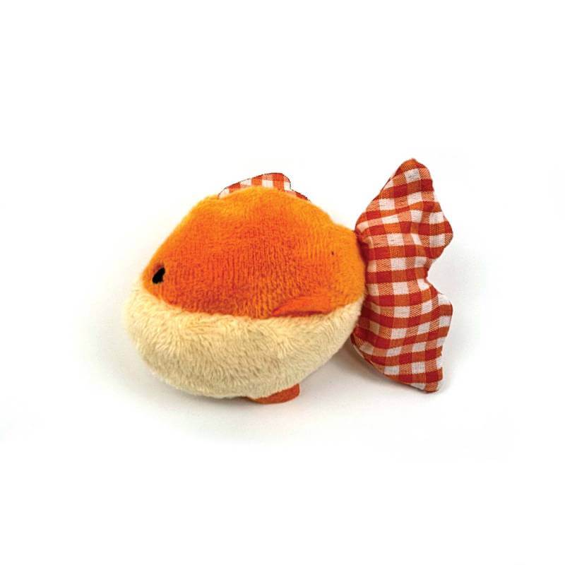 Tabby Patch Happy Pet Shaking Goldfish Cat Toy with catnip and checkered tail and fin.