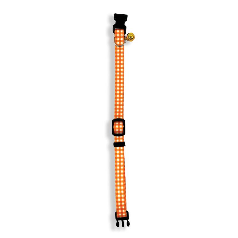 Tabby Patch Happy Pet Orange Check Cat Collar with small gold bell attached.