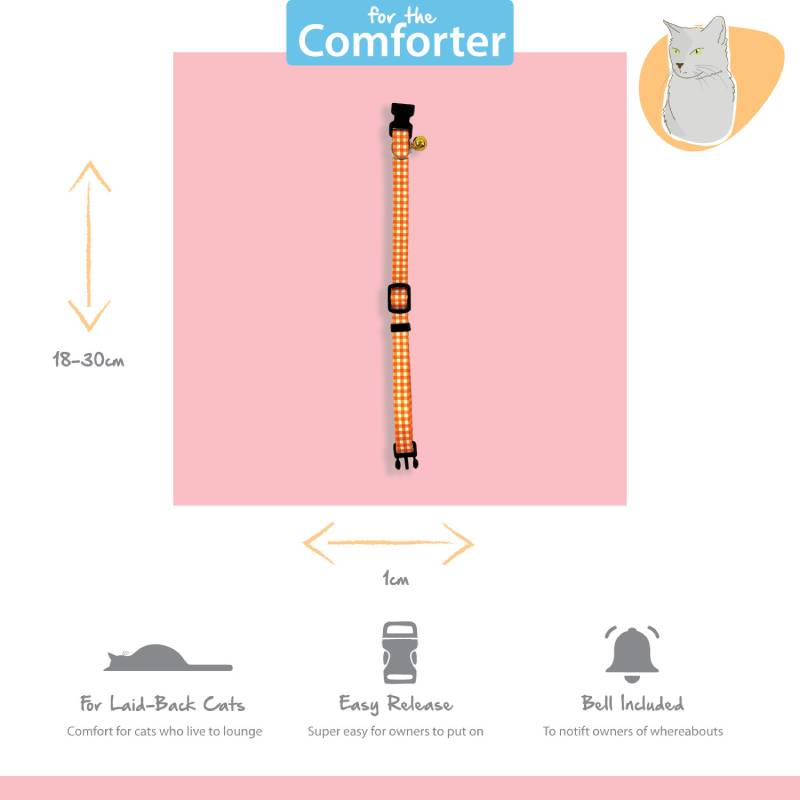 Tabby Patch Happy Pet Orange Check Cat Collar, 18-30cm, breakaway, bell, 1cm wide.