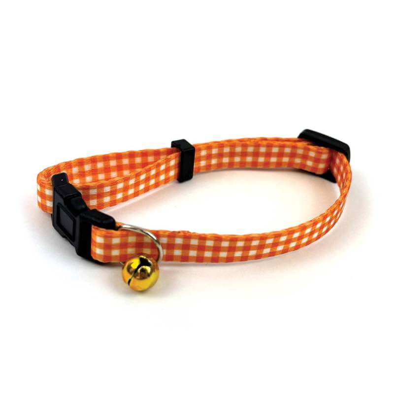 Tabby Patch Happy Pet Orange Check Cat Collar with small gold bell attached.