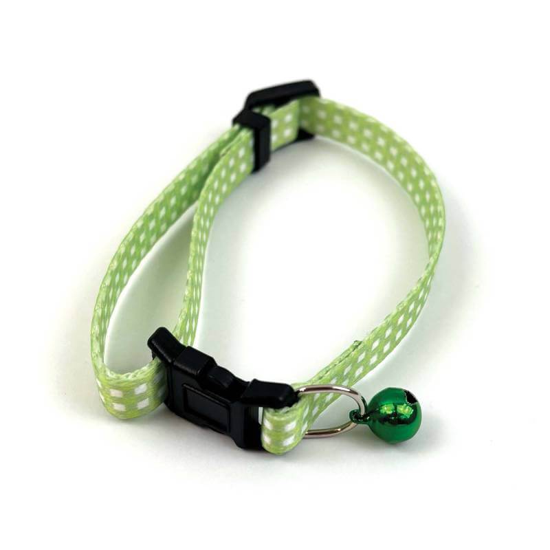 Tabby Patch Happy Pet Green Check Cat Collar with breakaway buckle and small green bell.