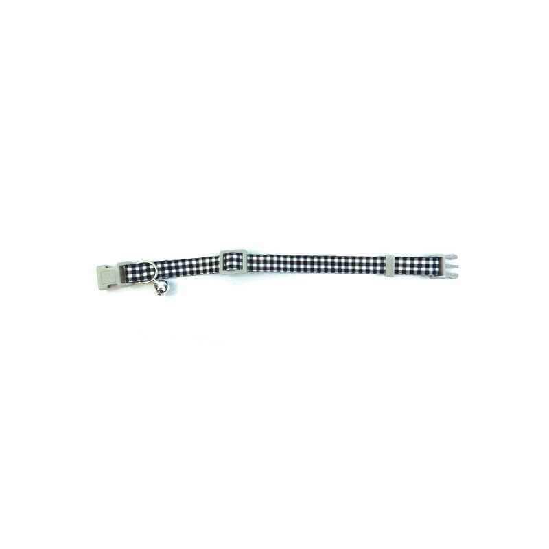 Tabby Patch Happy Pet Black Check Cat Collar with breakaway buckle and bell on white background.
