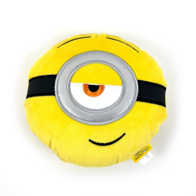 Happy Pet Minion® Squeaky Head Dog Toy—round yellow pillow, two-tone eyes, smile.