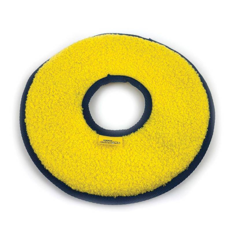 Happy Pet Minion® Canvas Frisbee Dog Toy: yellow round, villain design, central hole, blue trim.