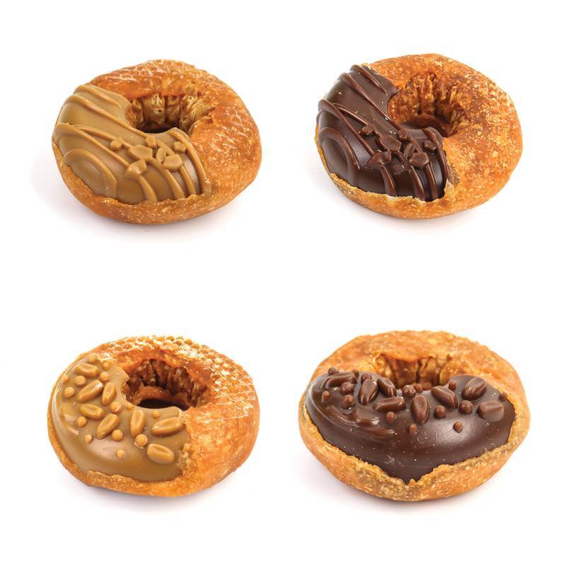 Healthy Paws Deli Paws Donuts: four assorted treats in a 2x2 grid with chocolate & caramel.