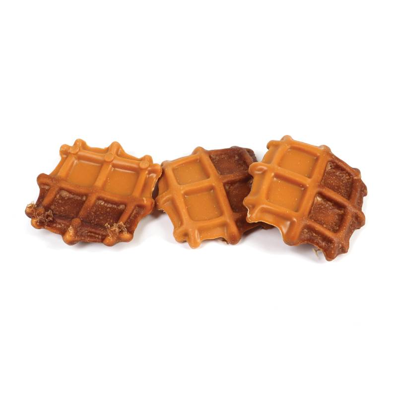 Three Healthy Paws Deli Paws Waffles—dog treats—in a clear bag.