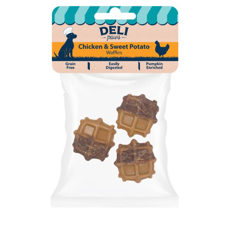Three Healthy Paws Deli Paws Waffles—dog treats—in a clear bag.